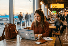 Traveller-using-Wifi-on-a-laptop-at-a-busy-airport-or-cafe