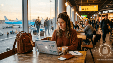 Traveller-using-Wifi-on-a-laptop-at-a-busy-airport-or-cafe