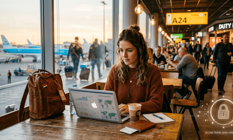 Traveller-using-Wifi-on-a-laptop-at-a-busy-airport-or-cafe