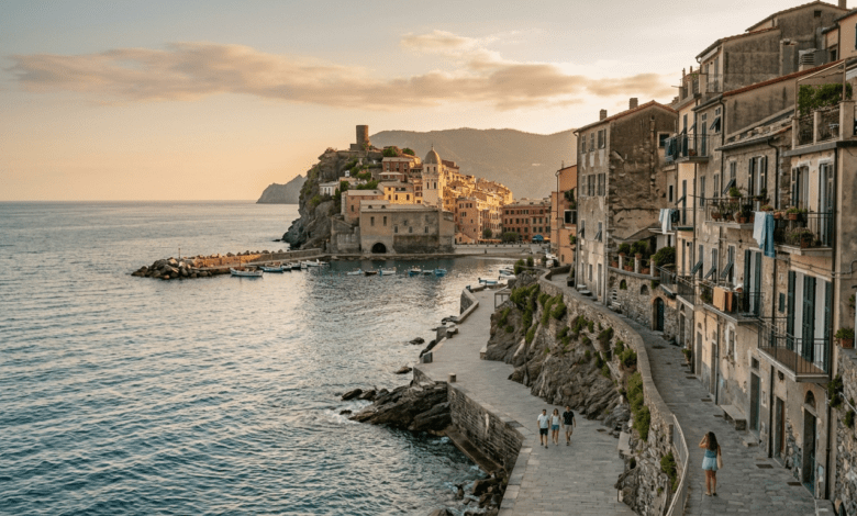 A tranquil view of a scenic coastal landscape with historic architecture in an emerging travel destination during golden hour.