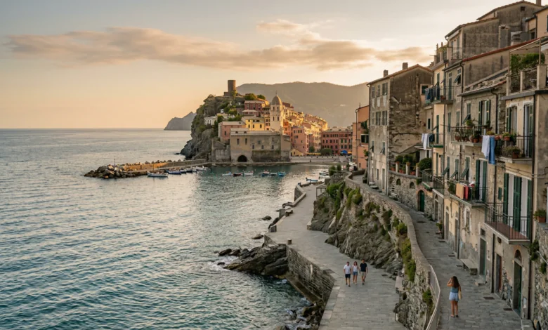 A tranquil view of a scenic coastal landscape with historic architecture in an emerging travel destination during golden hour.