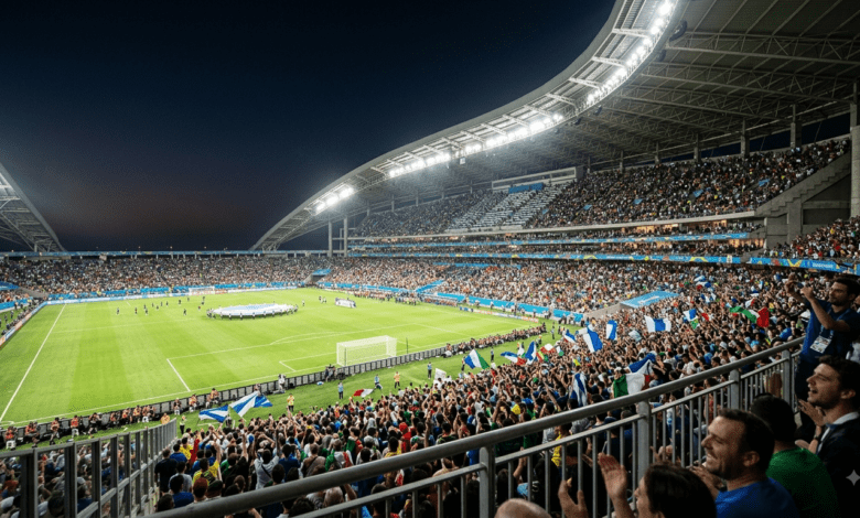Biggest Sporting Events.A dramatic wide-angle shot of a floodlit stadium under the night sky, packed with cheering fans during a major global championship final.