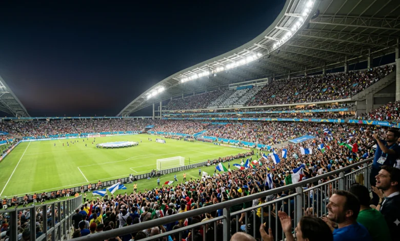 Biggest Sporting Events.A dramatic wide-angle shot of a floodlit stadium under the night sky, packed with cheering fans during a major global championship final.