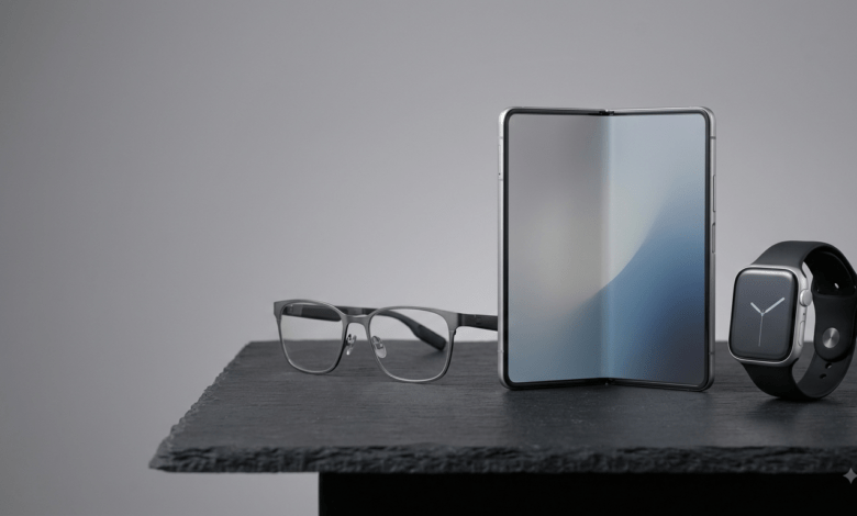Tech Products . A high-tech studio table displaying prototype smart glasses, a foldable mobile display, and a sleek next-generation smartwatch under professional studio lighting..png