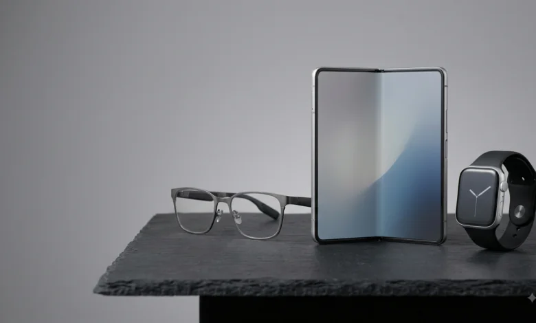 Tech Products . A high-tech studio table displaying prototype smart glasses, a foldable mobile display, and a sleek next-generation smartwatch under professional studio lighting..png