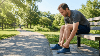 daily habits -A person tying their running shoes on a sunny morning, preparing for a daily outdoor walk to support long-term physical health.