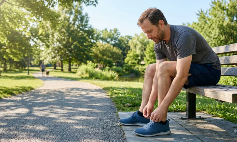 daily habits -A person tying their running shoes on a sunny morning, preparing for a daily outdoor walk to support long-term physical health.
