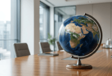 global issues 2026 A high-definition view of a rotating Earth globe sitting on a polished wooden desk inside a contemporary international conference room.
