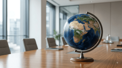 global issues 2026 A high-definition view of a rotating Earth globe sitting on a polished wooden desk inside a contemporary international conference room.