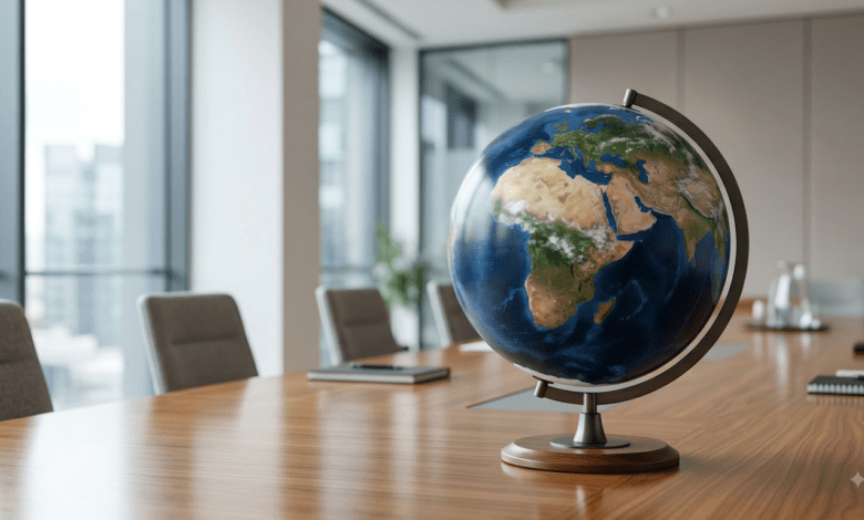 global issues 2026 A high-definition view of a rotating Earth globe sitting on a polished wooden desk inside a contemporary international conference room.