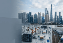 industries leading global growth A glowing digital network overlay spanning a modern urban skyline and high-tech manufacturing facility, representing technological and industrial economic growth.
