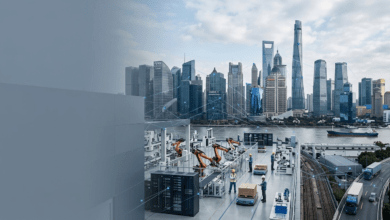 industries leading global growth A glowing digital network overlay spanning a modern urban skyline and high-tech manufacturing facility, representing technological and industrial economic growth.