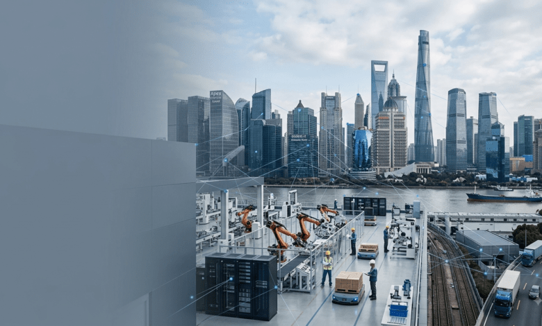 industries leading global growth A glowing digital network overlay spanning a modern urban skyline and high-tech manufacturing facility, representing technological and industrial economic growth.